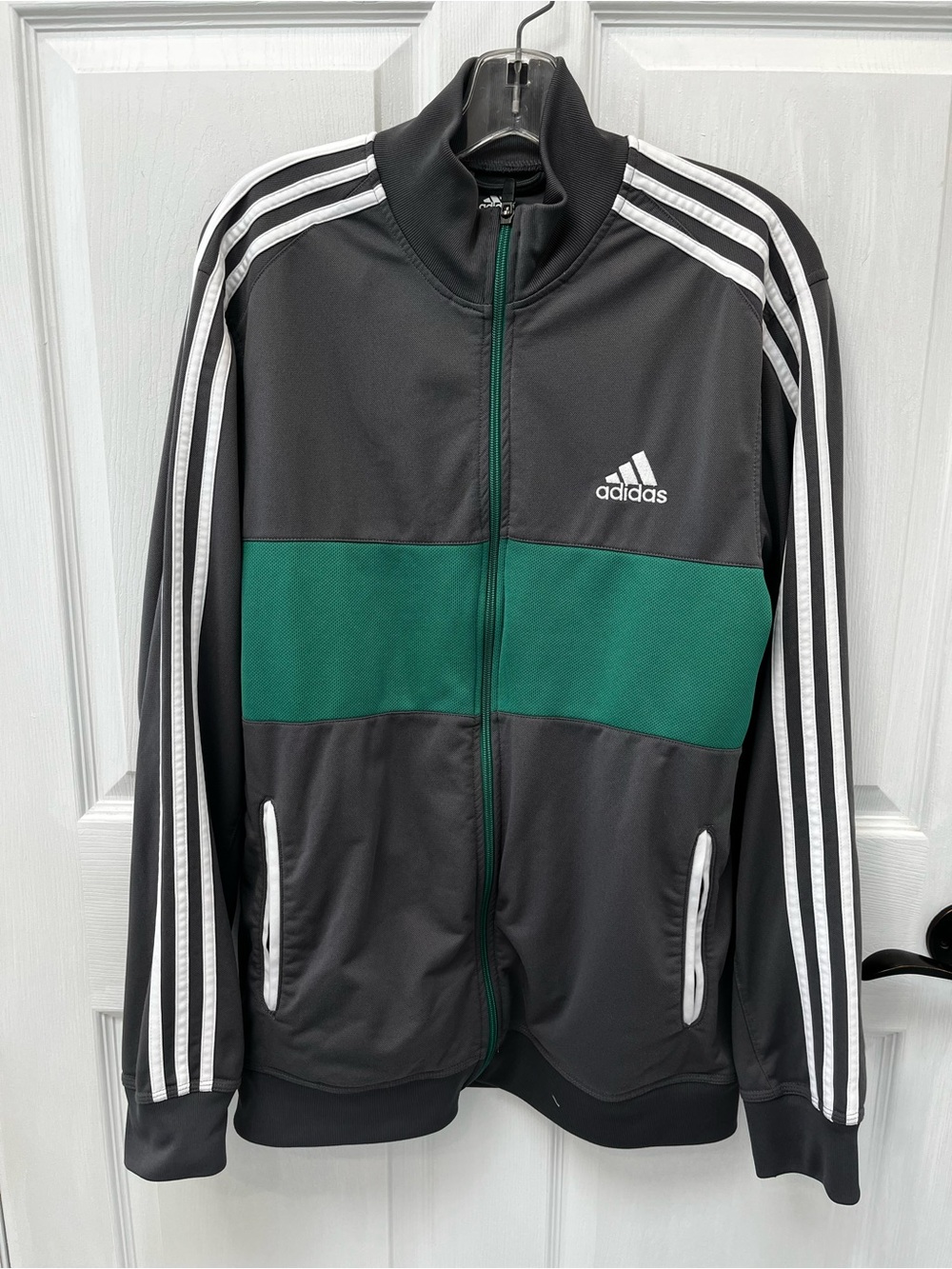 adidas Grey Green Lightweight 3 Stripe Full Zip Track Jacket Mens Large Sporty